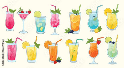 An assortment of vibrant and refreshing summer cocktails and beverages in various glasses, garnished with fruits and mint leaves.