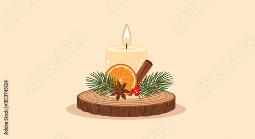 Cozy holiday candle display on a wood slice, featuring dried orange, cinnamon, star anise, and pine branches for a festive winter mood.