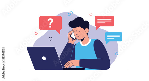 Young man works remotely on a laptop while talking on a smartphone, surrounded by communication bubbles, symbolizing online support or customer service.