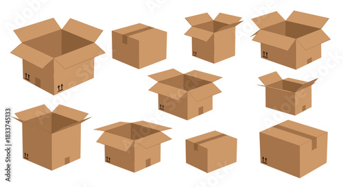 A collection of various brown cardboard boxes, some open and some closed, presented in different perspectives.