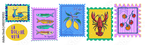 Amalfi summer stamps with colorful Italy postcard borders and vintage frames. Scooter and sardines, lemons and lobster, tomatoes on vibrant backgrounds for Mediterranean travel or coastal cuisine card