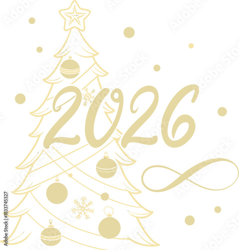 “Elegant luxury gold ‘2026’ typography with Christmas tree replacing the number 2, gold sparkles, soft glow, black background, premium holiday theme, modern vector style.”