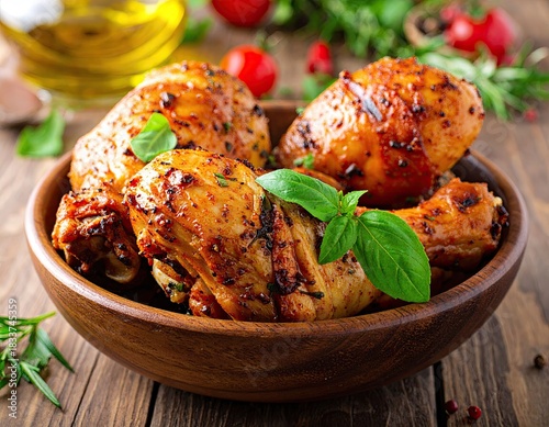 Roasted chicken drumsticks in a rustic wooden bowl