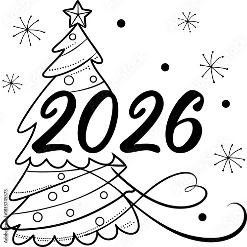 “Elegant luxury gold ‘2026’ typography with Christmas tree replacing the number 2, gold sparkles, soft glow, black background, premium holiday theme, modern vector style.”