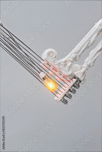 Close-up of a decorative lamp with a light bulb illuminated against a gray background. The lamp has a unique design and is emitting a warm glow.