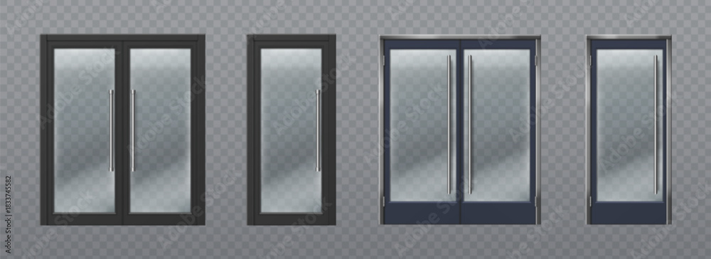 Fototapeta premium Glass doors set isolated on transparent background. Vector realistic illustration of office, supermarket or store entrance, closed single and double door frame, modern building facade design element