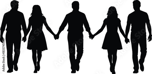 Black Silhouettes of Five People Holding Hands Walking Forward on White Background Keywords: people, group, walking, silhouettes