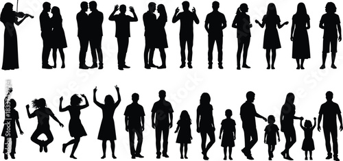 Collection of Black Silhouettes of People in Various Poses and Activities human woman