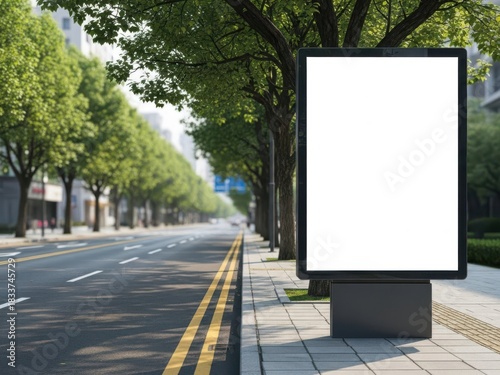 Blank outdoor advertising billboard on city street with green trees and road