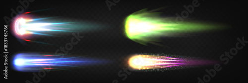 Rocket fire trail effect with flame jet propulsion in neon colors. 3D spaceship engine blast with glowing comet tail for game VFX. Plasma light with speed motion effect on transparent background.