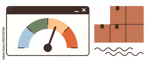 Performance gauge in browser window with stacked boxes and wavy lines. Ideal for logistics, efficiency, shipping, e-commerce, supply chain, optimization, monitoring. Simple flat metaphor