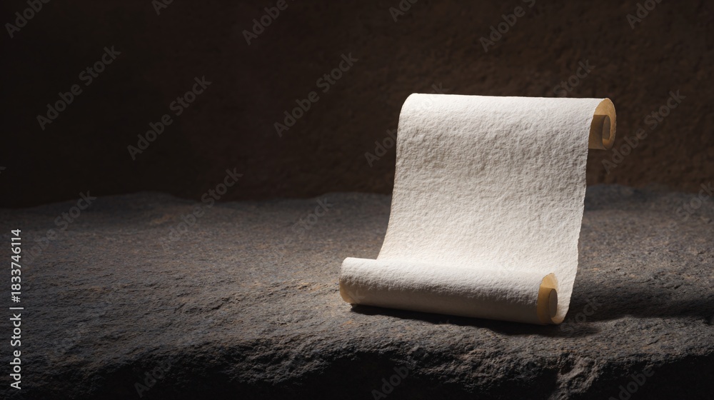Obraz premium Dramatic unrolling of ancient scroll on rough stone surface in dim light capturing history and mystery