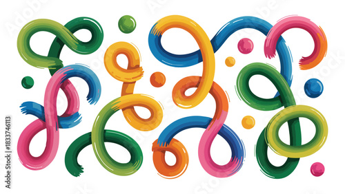 Vibrant abstract colorful looping shapes and knots resembling infinity symbols or tangled ribbons with small colorful dots scattered around