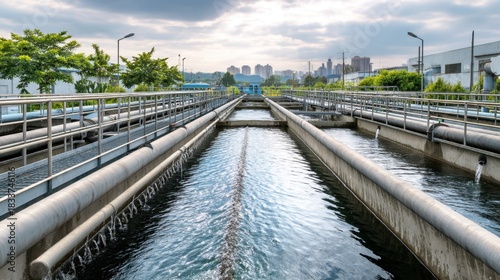 A long waterway with a city in the background. The waterway is filled with water and has a lot of pipes