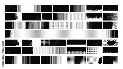Collection of various black abstract grunge texture brush stroke elements and barcode style patterns for graphic design overlay or stamp effect