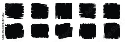 Set of ten black grunge square brush stroke stamps or paint splatters with rough texture for design element