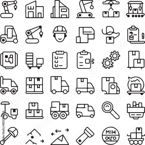 Construction and logistics icons featuring vehicles and tools crane
