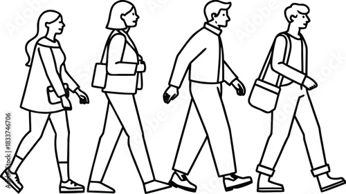 Diverse group of four people walking in a line figures line art