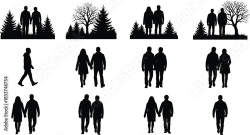 Couples and individuals walking and standing among trees and foliage silhouettes Keywords: couple, silhouette, people, man, woman