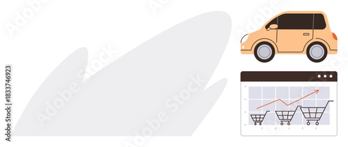 Orange car beside upward trending graph with shopping carts symbolizes online retail success. Ideal for business growth, ecommerce strategies, transport efficiency, sales increase, market analysis