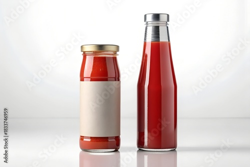 Wallpaper Mural Two ketchup bottles one with a label and one without on a white reflective surface Torontodigital.ca