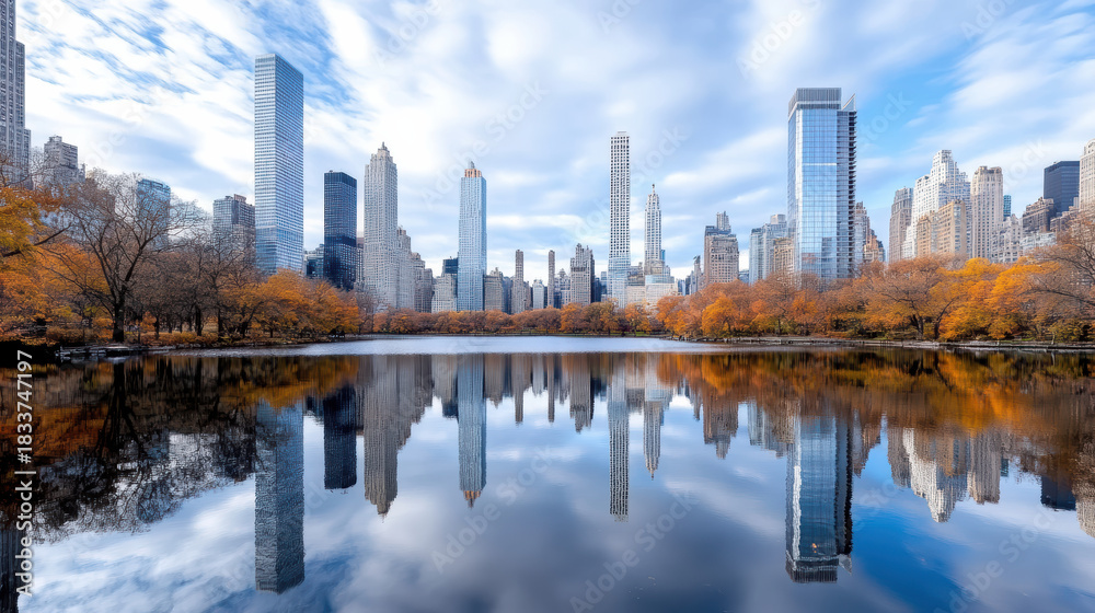 Obraz premium Manhattan skyline mirror reflection autumn trees serene skyline reflection in pond