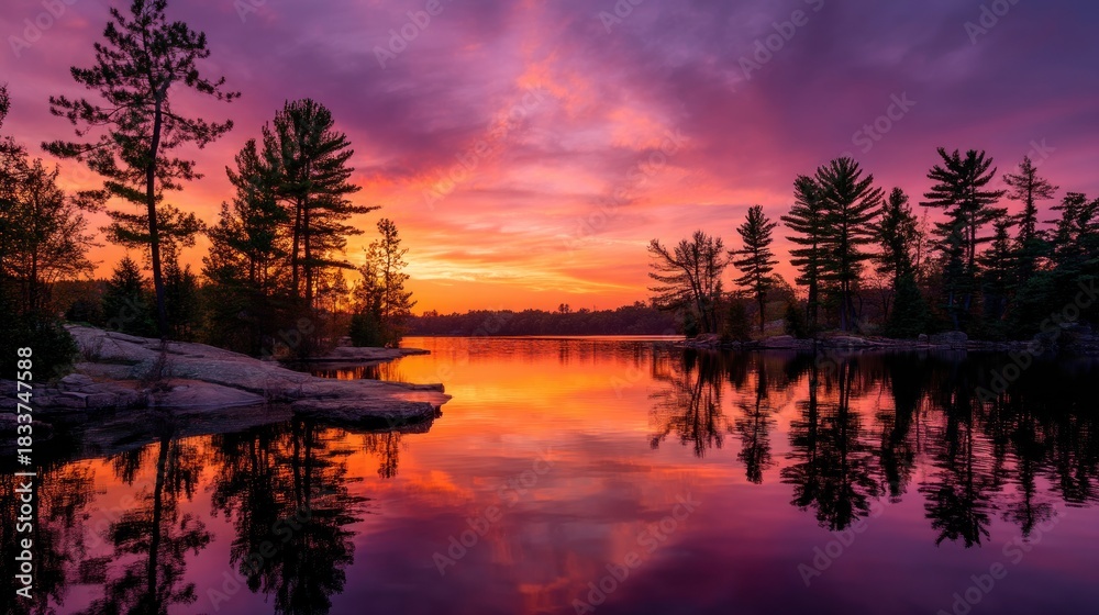 Fototapeta premium Sunset over lake with tree reflections