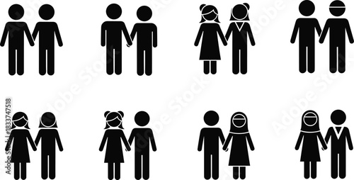 Diverse Couple Silhouettes Holding Hands On White Background Keywords: couple, holding hands, love, relationship, diversity, man