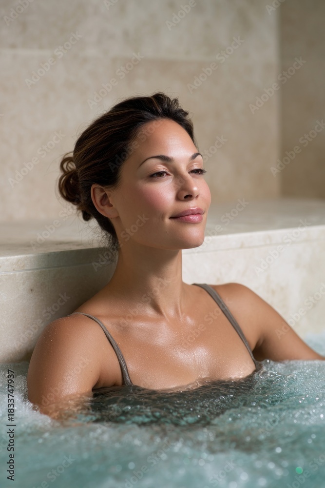 Obraz premium Woman enjoying hydrotherapy in a relaxing spa environment, with soothing water jets creating a tranquil atmosphere for wellness and rejuvenation