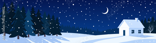 Winter night landscape with house and pine forest