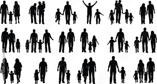 Diverse family silhouettes walking and standing together with children Keywords: family, silhouette, people, parents, children