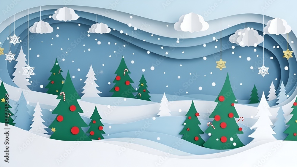 Naklejka premium “Winter Festive Paper Art Scene – Christmas Greeting Background