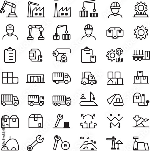 Industrial and construction icons with workers and machinery industry factory
