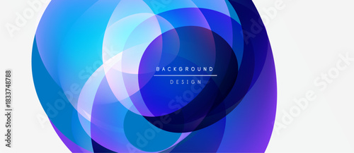 Abstract circles overlap, creating vibrant blue, purple hues. Text reads background design within central shape. Modern, dynamic composition.