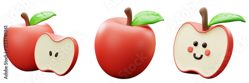 3D Stylized Apple with Cute Cartoon Face, Fruits and Nature Healthy Food theme design element
