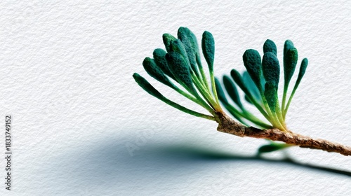 Close up of a twig with green succulent buds against a textured white background