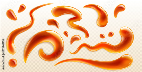 Liquid caramel splashes set isolated on transparent background. Vector realistic illustration of sweet toffee syrup drips, sticky maple sauce drops and stains, honey or peanut topping for dessert