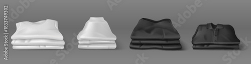 3D stacks of black and white clothes isolated on background. Vector realistic illustration of clean ironed shirt, sweater, t-shirt, pullover in neat piles, fresh laundry after detergent, shopping icon
