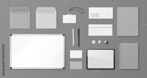 Brand identity design mockup with realistic stationery elements - notepad and badge card, envelope and notebook template. Corporate set of office supplies for logo presentation and promotion.