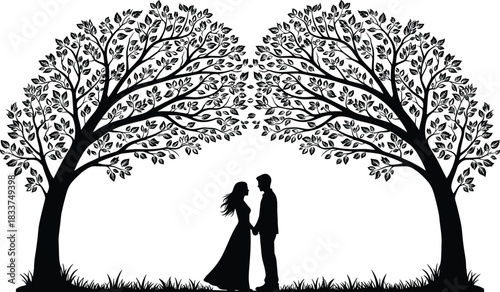 Romantic Silhouette of a Couple Holding Hands Beneath Two Large Trees on White Background Keywords: couple, love, romance