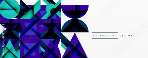 Abstract geometric shapes, vibrant blues, purples create modern background. Minimalist text indicates design element.