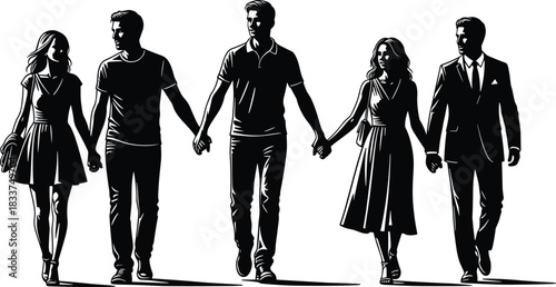 Silhouettes of a diverse group of people holding hands and walking on white background Keywords: group, silhouette, people, holding