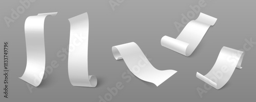 Long paper bill mockup in 3D realistic style - isolated white receipt roll for shop payment. Blank thermal check template with paper texture for grocery store, restaurant POS or supermarket cashier.