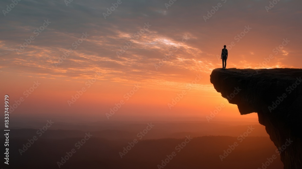 Obraz premium A man stands on a cliff overlooking a beautiful sunset. Concept of solitude and contemplation, as the man is alone on the edge of the cliff, taking in the breathtaking view