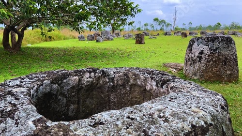 Valley of the Jars, Laos. Phongsavan. Valley of the Jars. The megalithic archaeological landscape consists of thousands of stone jars scattered across the Xiangkhouang Plateau. 4К	