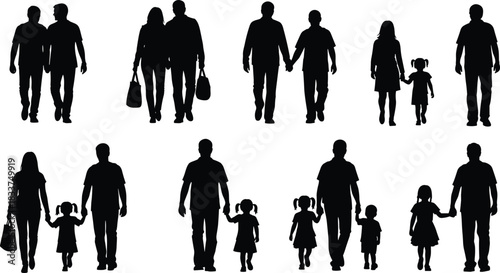 Silhouettes of couples and families walking together with children against a white background family