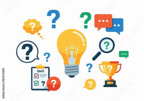 Quiz Challenge, Light Bulb, Ideas, Digital Communication, Creative Environment, Flat Illustration