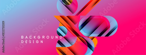 Vibrant abstract design. Gradient background transitions from blue to pink. Geometric shapes create dynamic composition. Modern visual element.