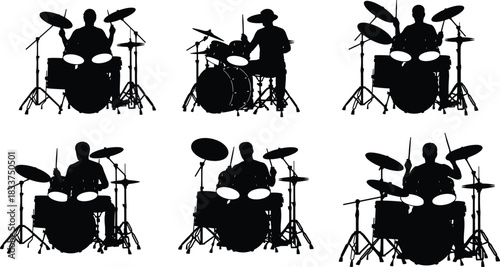 Silhouettes of Drummers with Drum Kits and Hats drums musician