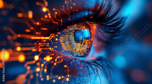 Eye with circuit board technology for ai artificial intelligence and future tech digital transformation